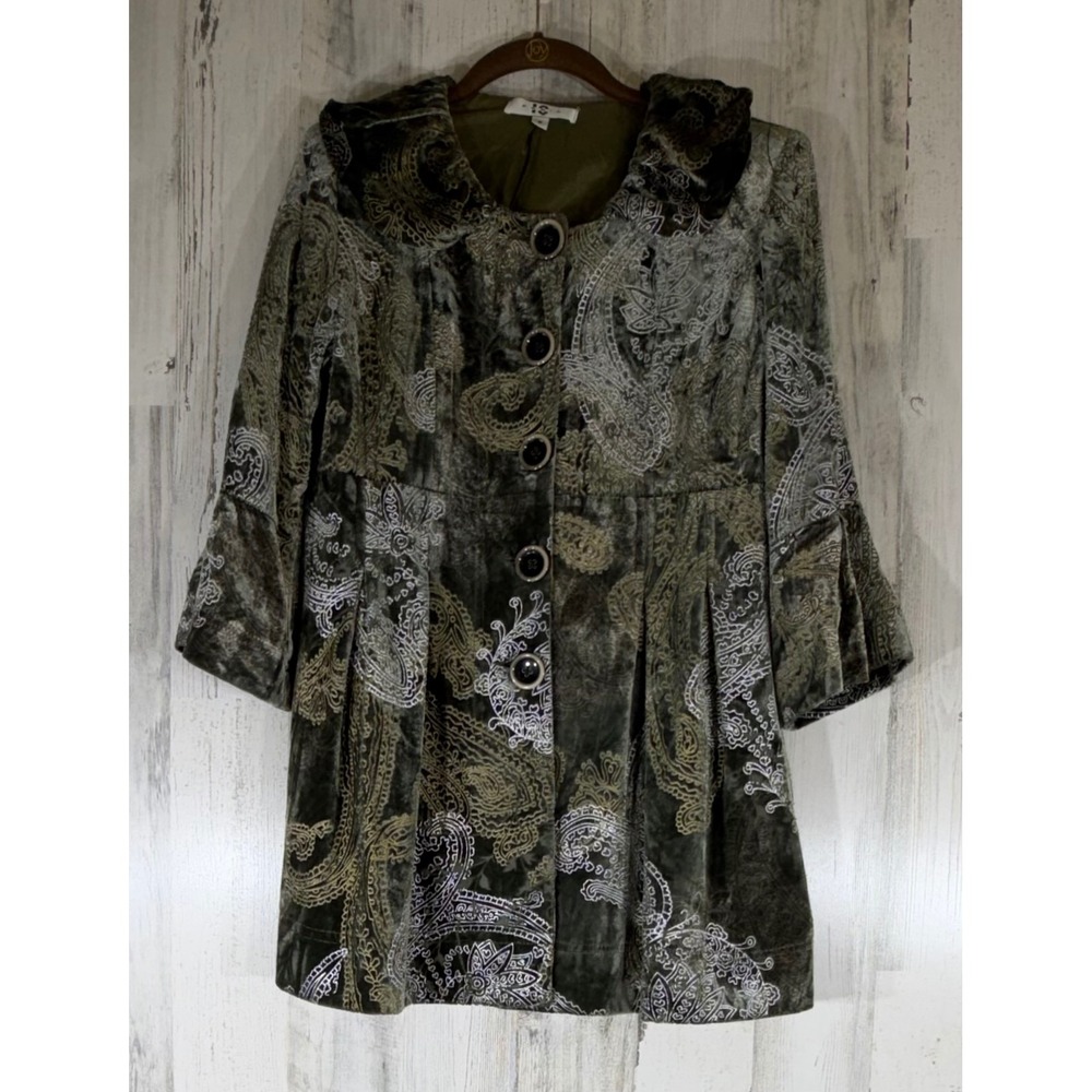 Paris IQ Silk Paisley Velvet Burnout Jacket 6 Olive Green Boho Chic Bell Sleeve